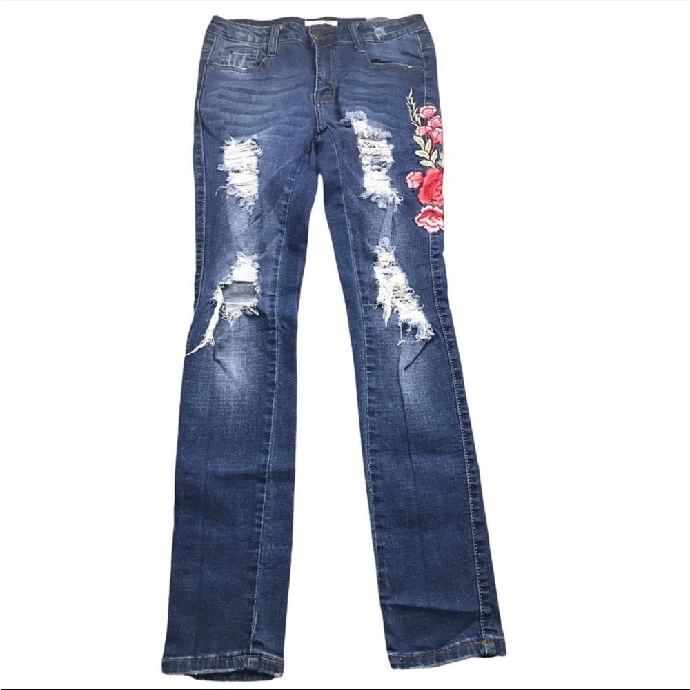 Distressed Machine brand jeans flower embroidered